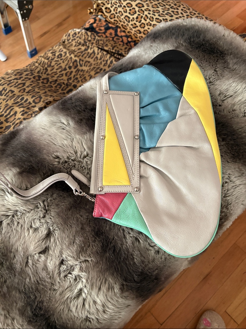 Colorblock Leather Wristlet Clutch in Cream, Yellow & Blue